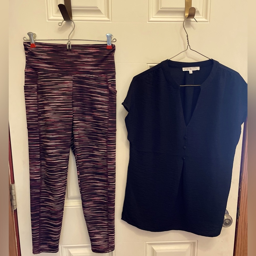 Bally size M Leggings in a vibrant plum stripe & Size S Cleo black sleeve shirt.